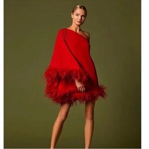 Antonio Melani Cosima One Sleeve Asymmetrical Neckline Feather Trim Dress NWOT